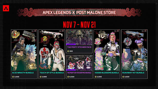 Four new bundles in the Apex Legends x Post Malone Event.